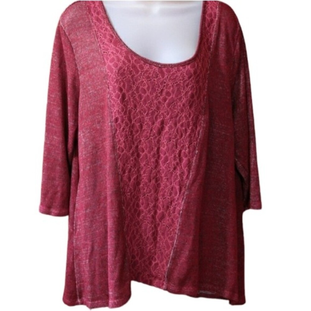 One World Red Boho 3⁄4 Sleeve Plus Size Top 2X